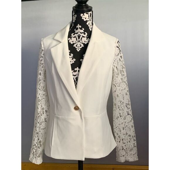 dennis basso Jackets & Blazers - Dennis Basso Women's Ivory Lace Sleeve‎ Blazer Jacket Size 6 US